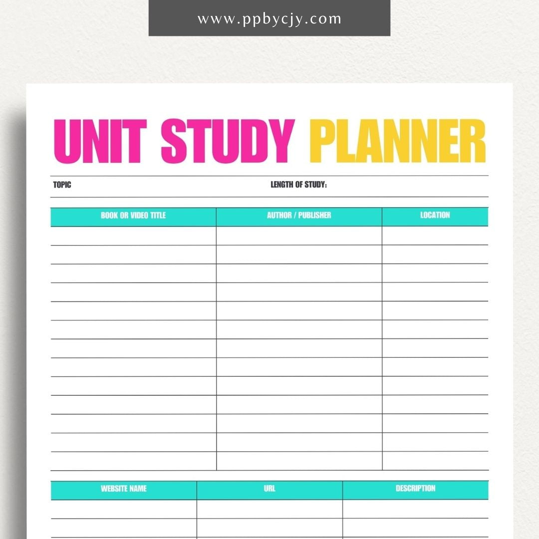 Unit Study Planner Printable Template – Digital download for organizing and managing unit studies, including lesson plans, goals, resources, and schedules