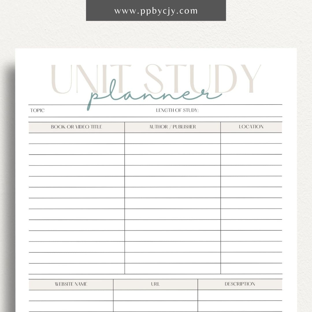 Unit Study Planner Printable Template – Digital download for organizing and managing unit studies, including lesson plans, goals, resources, and schedules