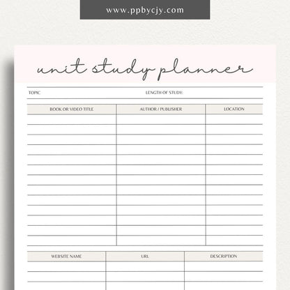 Unit Study Planner Printable Template – Digital download for organizing and managing unit studies, including lesson plans, goals, resources, and schedules