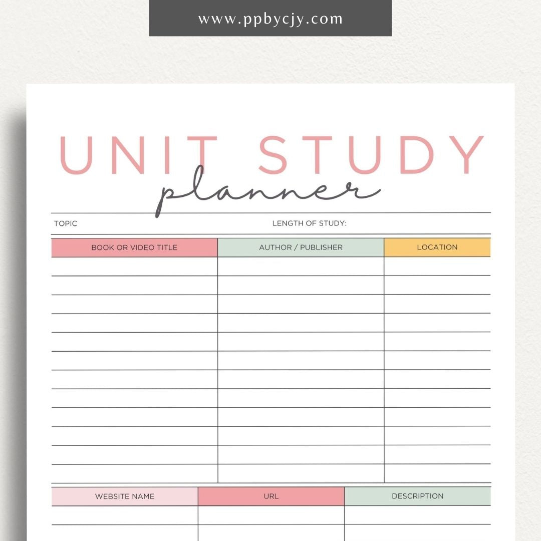 Unit Study Planner Printable Template – Digital download for organizing and managing unit studies, including lesson plans, goals, resources, and schedules