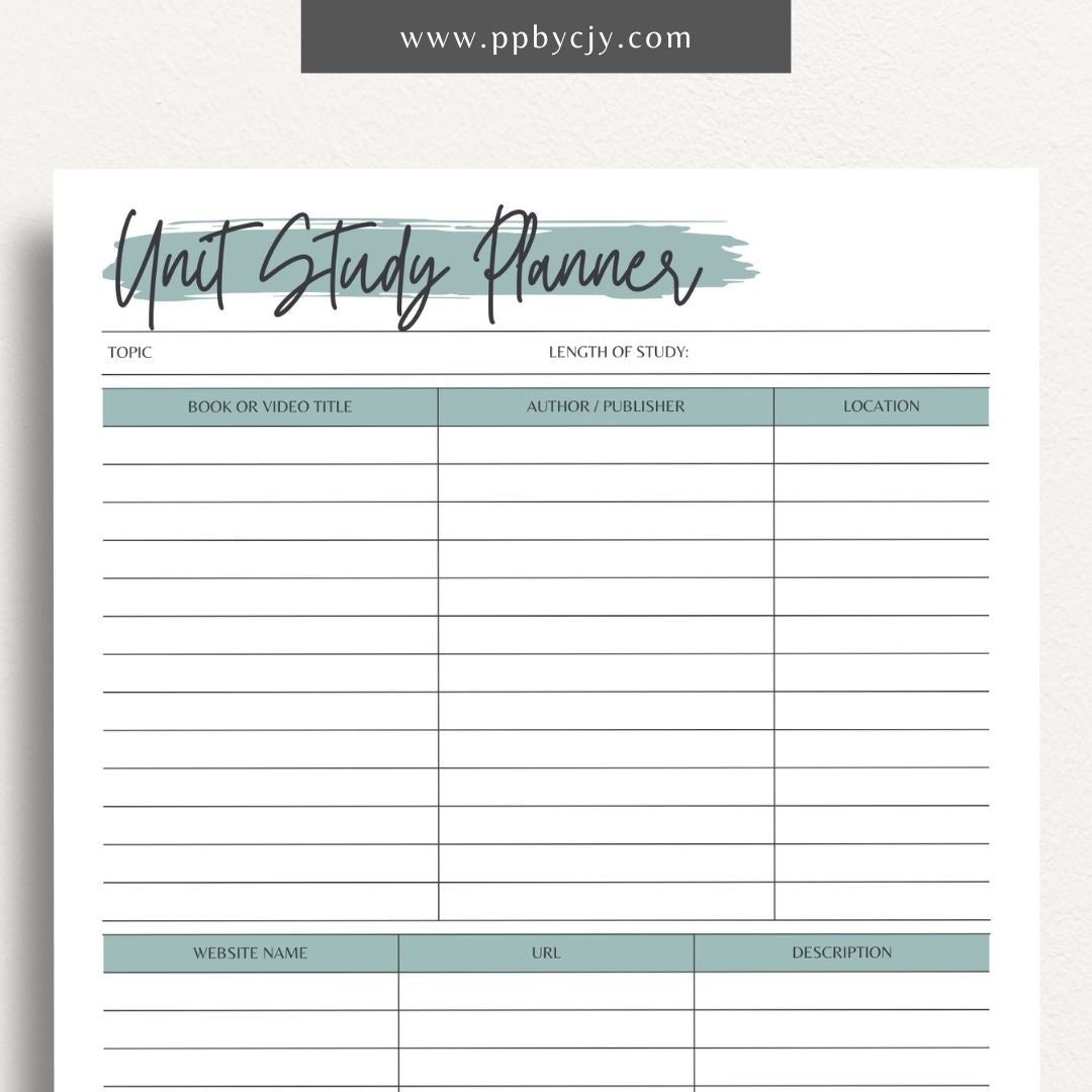 Unit Study Planner Printable Template – Digital download for organizing and managing unit studies, including lesson plans, goals, resources, and schedules