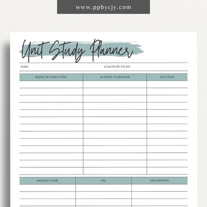 Unit Study Planner Printable Template – Digital download for organizing and managing unit studies, including lesson plans, goals, resources, and schedules