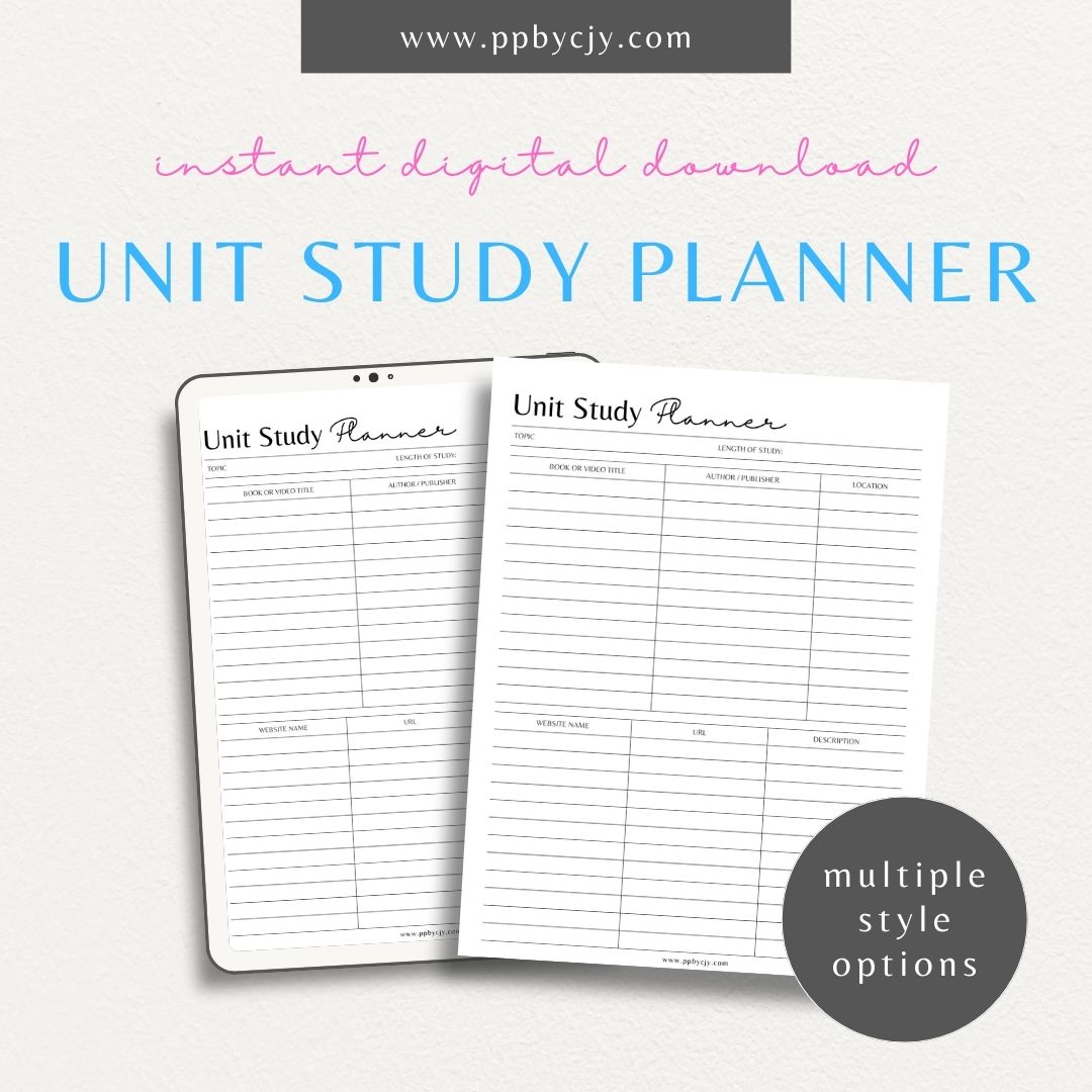 Unit Study Planner Printable Template – Digital download for organizing and managing unit studies, including lesson plans, goals, resources, and schedules