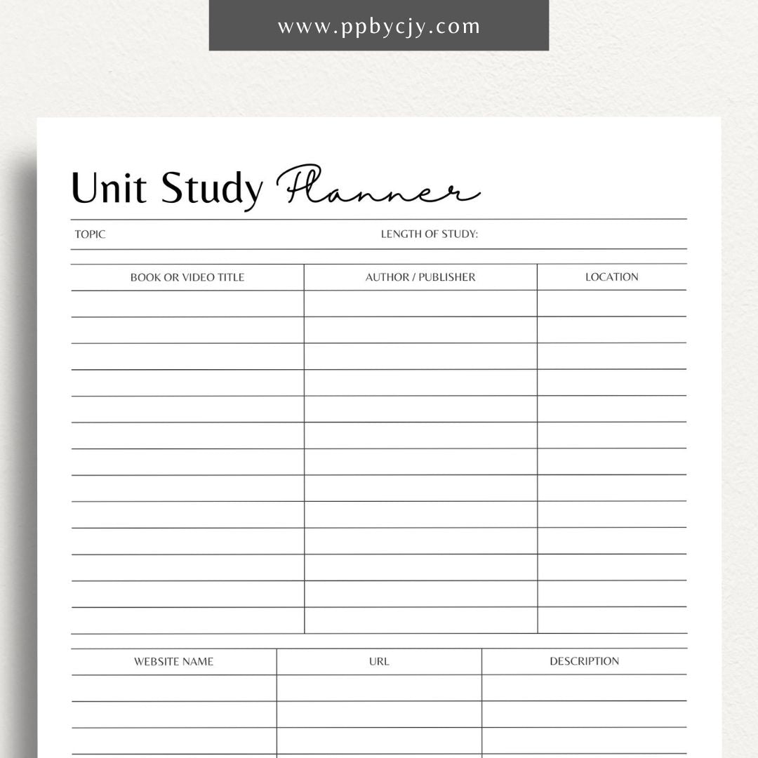 Unit Study Planner Printable Template – Digital download for organizing and managing unit studies, including lesson plans, goals, resources, and schedules