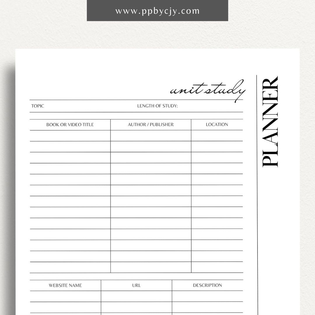 Unit Study Planner Printable Template – Digital download for organizing and managing unit studies, including lesson plans, goals, resources, and schedules