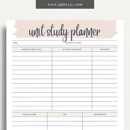 Unit Study Planner Printable Template – Digital download for organizing and managing unit studies, including lesson plans, goals, resources, and schedules