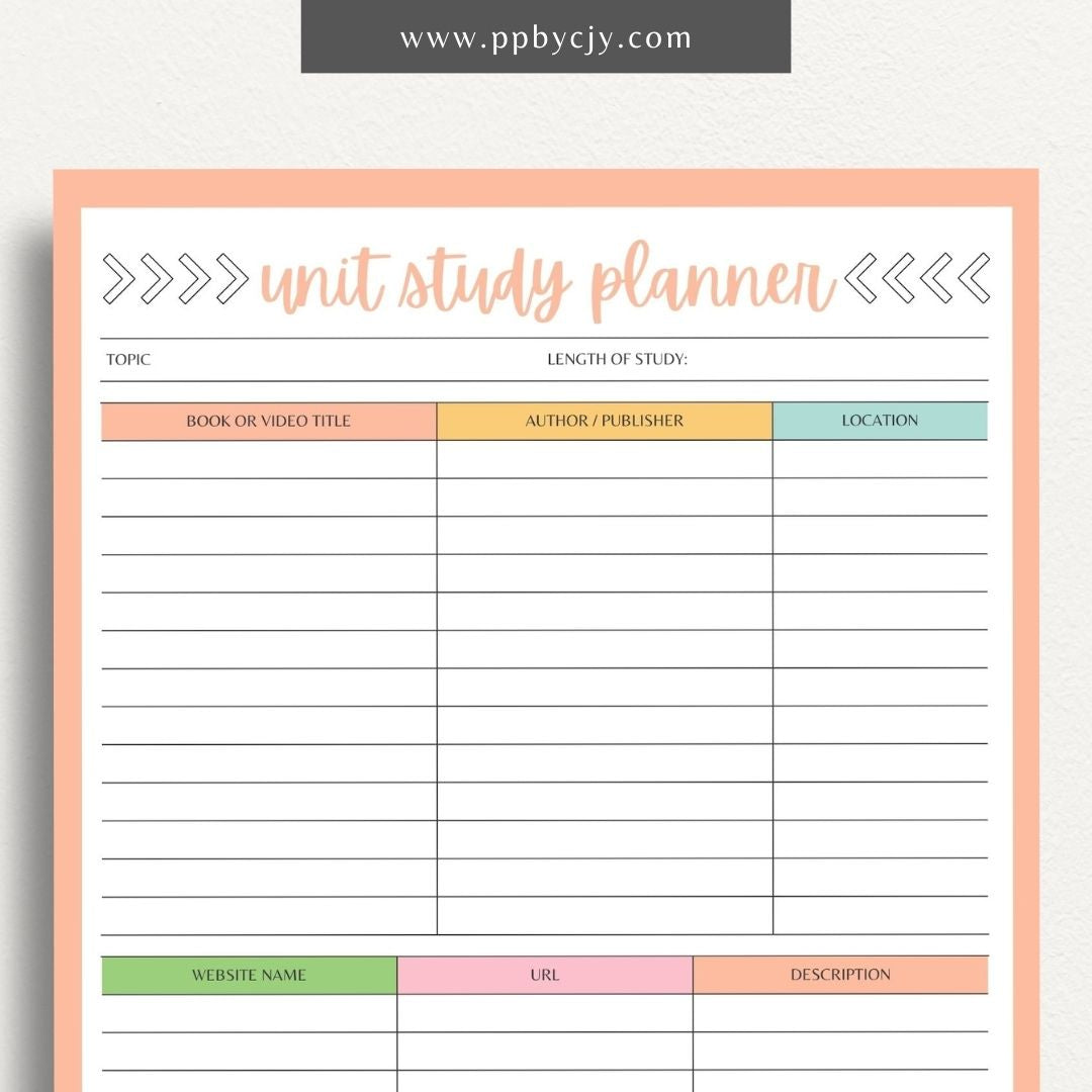 Unit Study Planner Printable Template – Digital download for organizing and managing unit studies, including lesson plans, goals, resources, and schedules