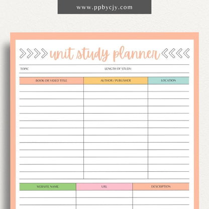 Unit Study Planner Printable Template – Digital download for organizing and managing unit studies, including lesson plans, goals, resources, and schedules