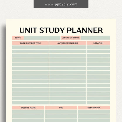 Unit Study Planner Printable Template – Digital download for organizing and managing unit studies, including lesson plans, goals, resources, and schedules