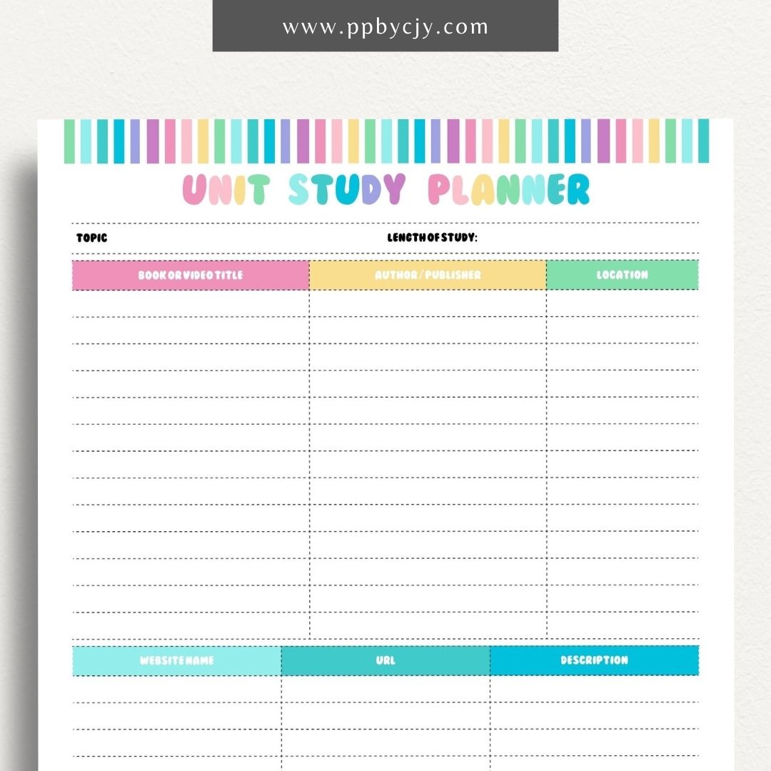 Unit Study Planner Printable Template – Digital download for organizing and managing unit studies, including lesson plans, goals, resources, and schedules