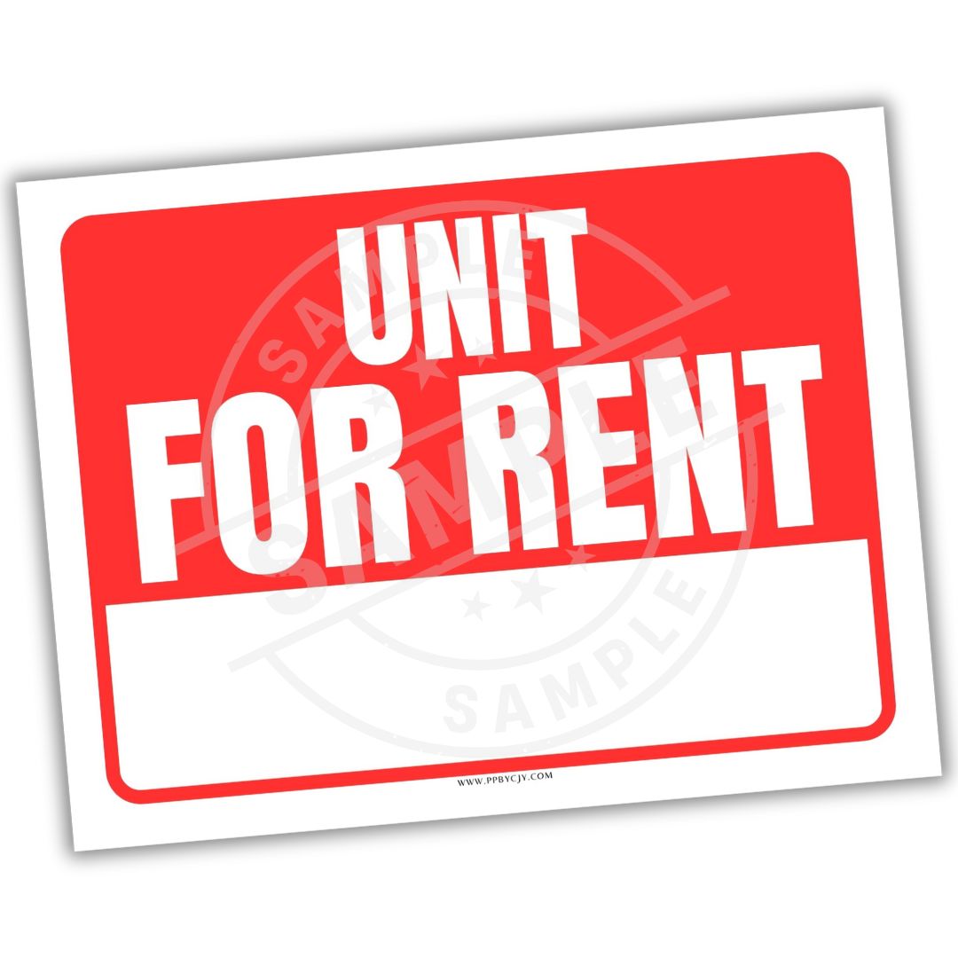 Red and white 'Unit for Rent' sign on a white background