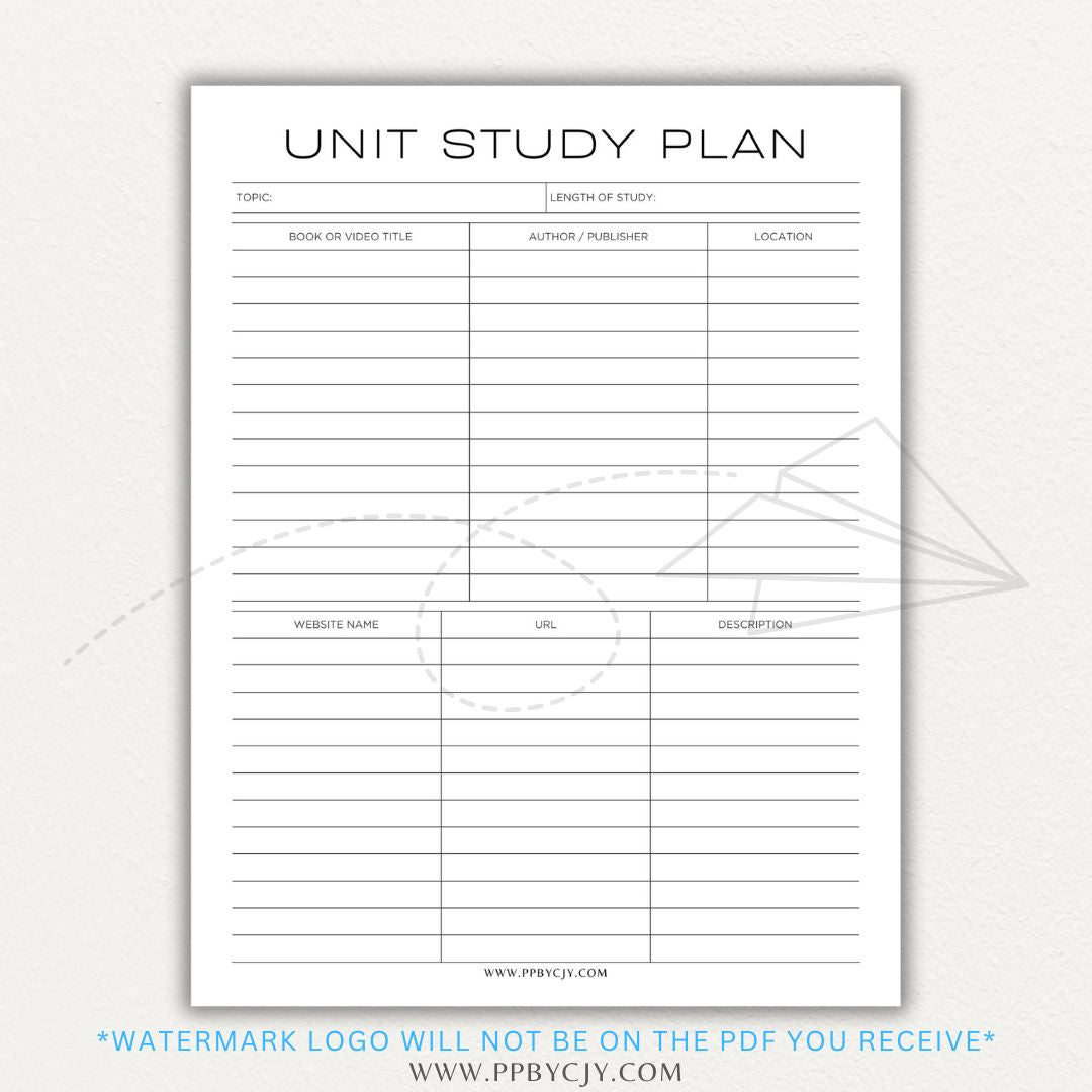 Unit Study Planner Printable PDF Template for homeschool and independent learning organization.

