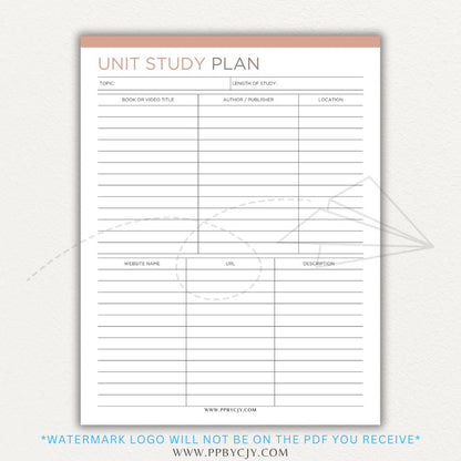 Unit Study Planner Printable PDF Template for homeschool and independent learning organization.

