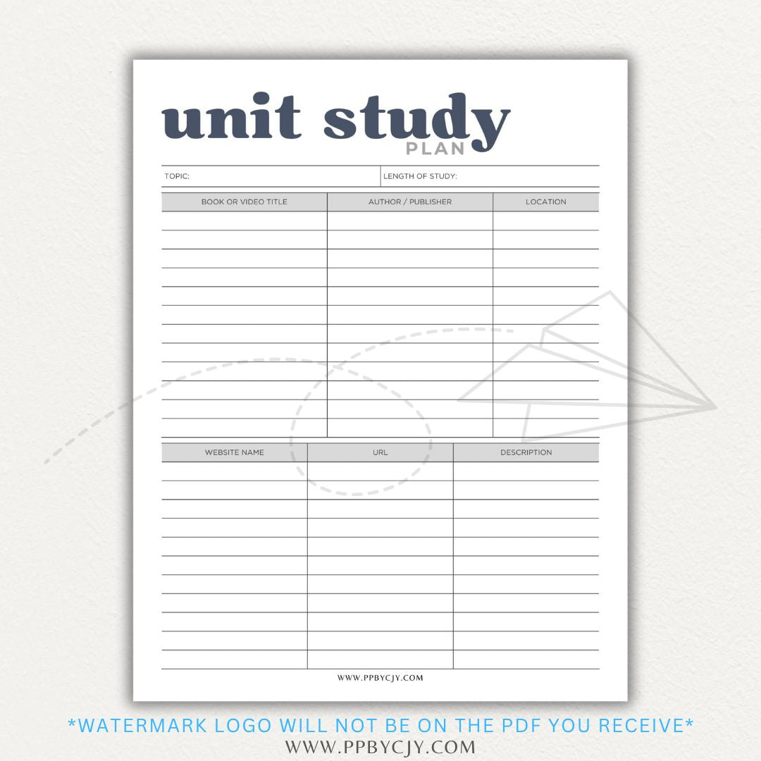 Unit Study Planner Printable PDF Template for homeschool and independent learning organization.

