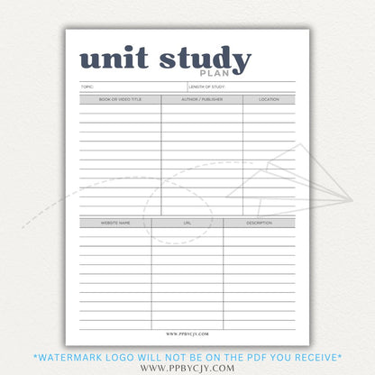 Unit Study Planner Printable PDF Template for homeschool and independent learning organization.

