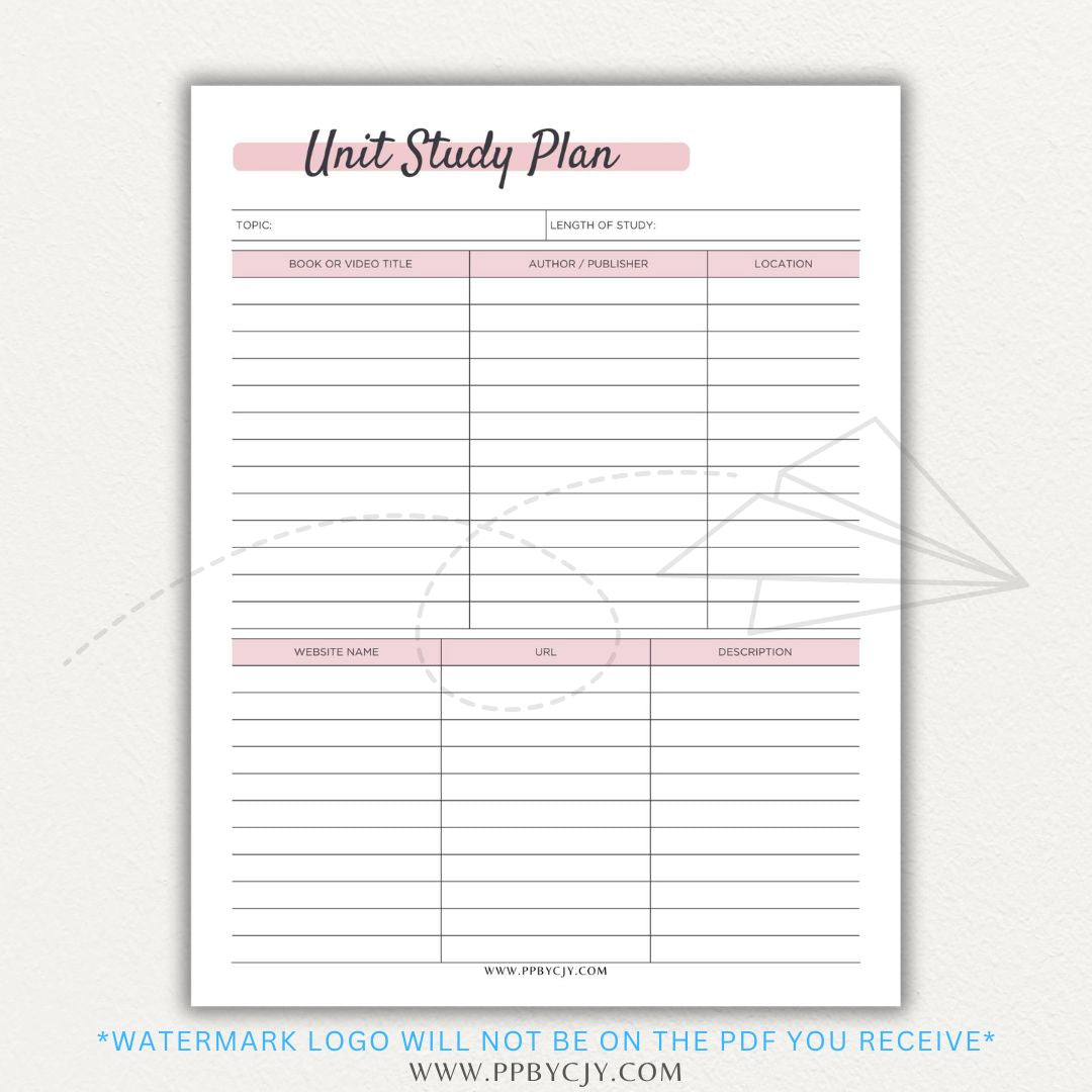 Unit Study Planner Printable PDF Template for homeschool and independent learning organization.

