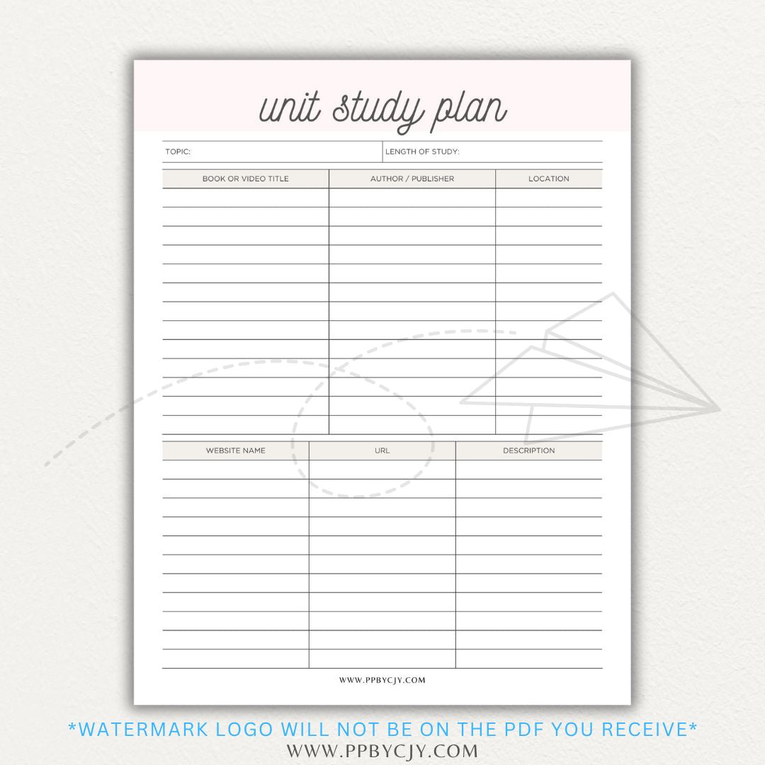 Unit Study Planner Printable PDF Template for homeschool and independent learning organization.

