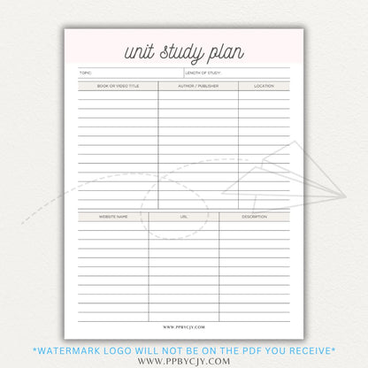 Unit Study Planner Printable PDF Template for homeschool and independent learning organization.

