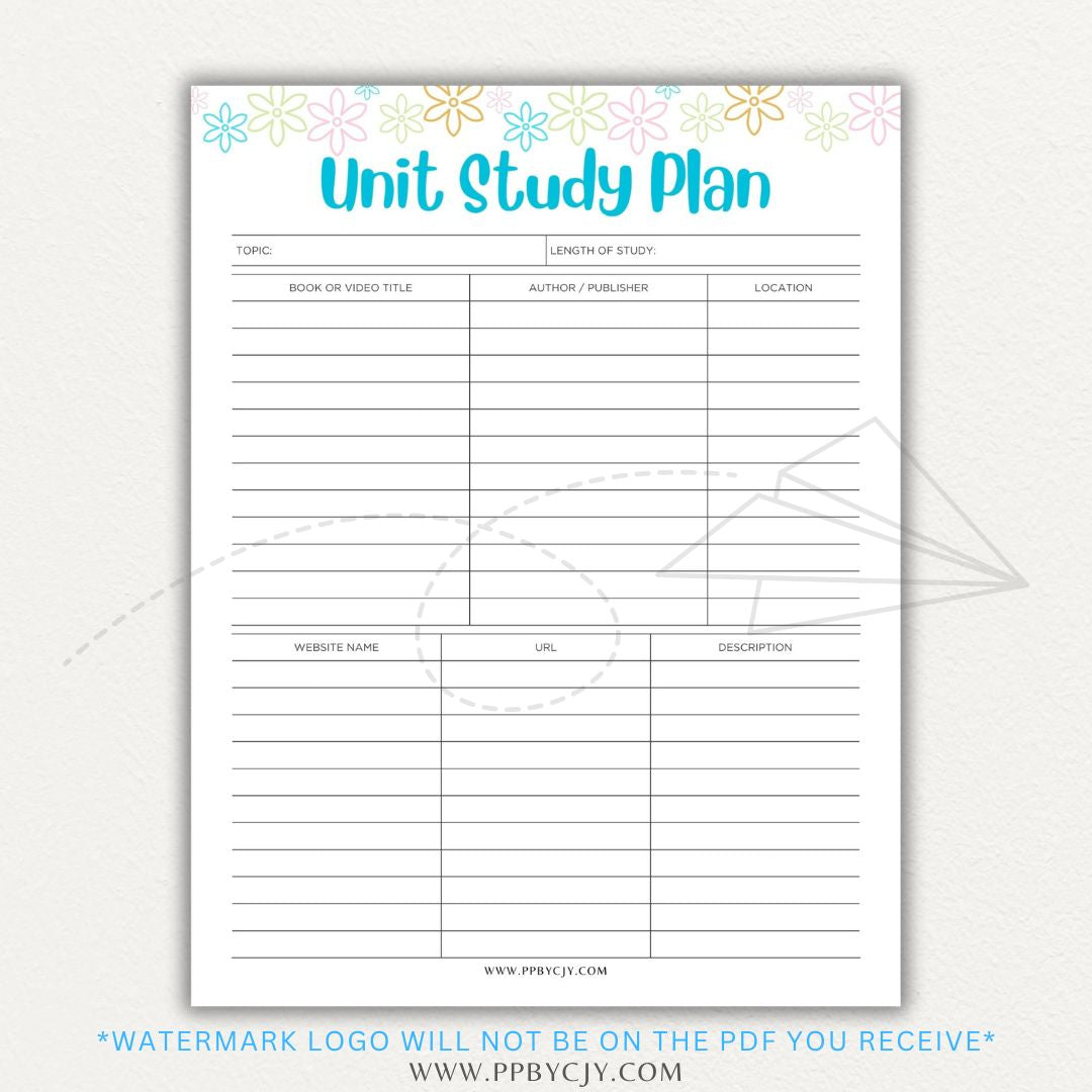 Unit Study Planner Printable PDF Template for homeschool and independent learning organization.

