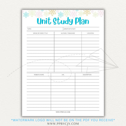 Unit Study Planner Printable PDF Template for homeschool and independent learning organization.

