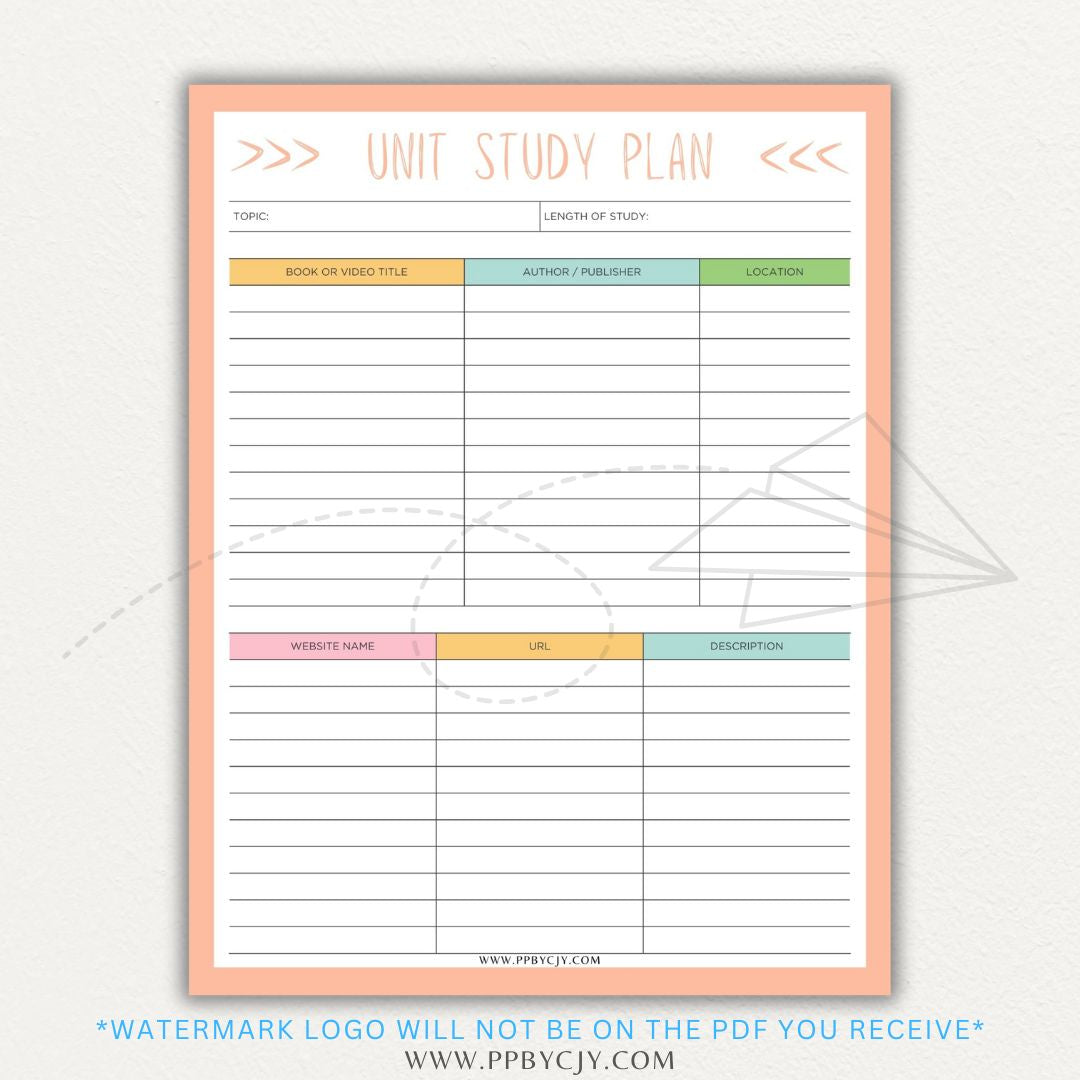 Unit Study Planner Printable PDF Template for homeschool and independent learning organization.

