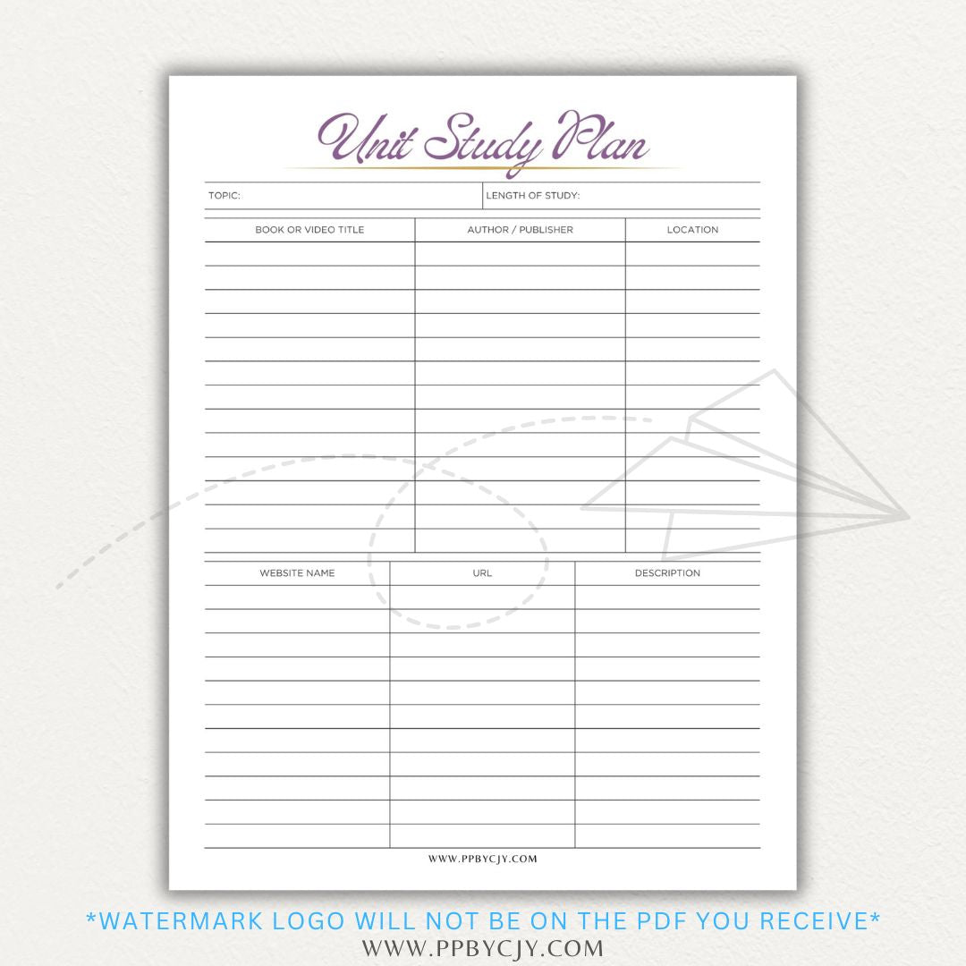 Unit Study Planner Printable PDF Template for homeschool and independent learning organization.

