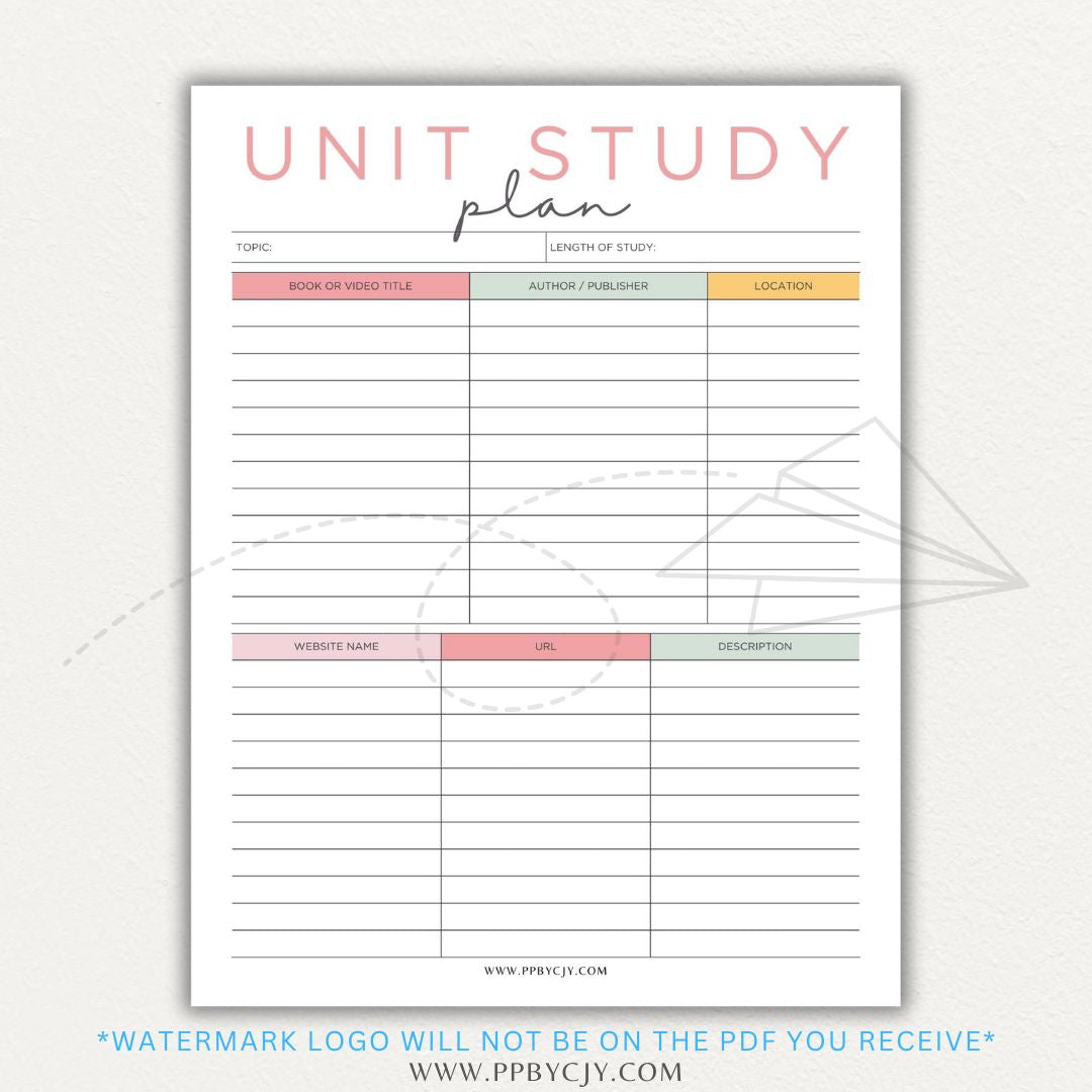 Unit Study Planner Printable PDF Template for homeschool and independent learning organization.

