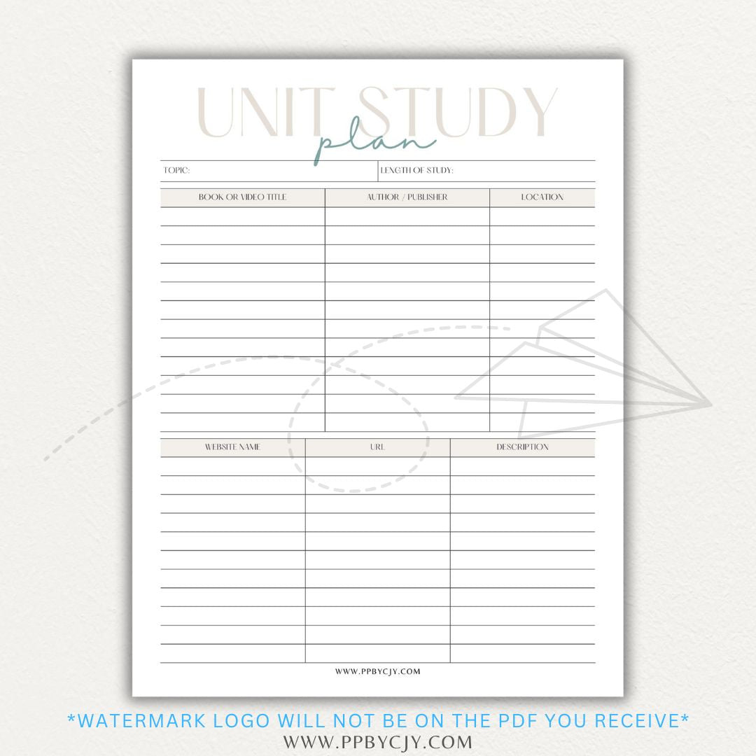 Unit Study Planner Printable PDF Template for homeschool and independent learning organization.

