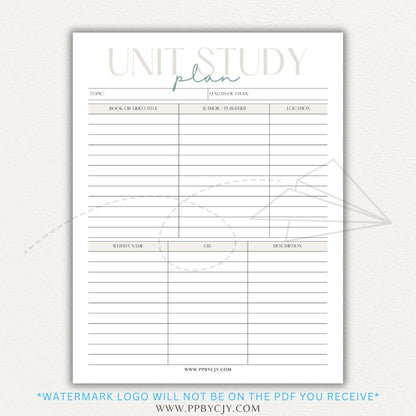 Unit Study Planner Printable PDF Template for homeschool and independent learning organization.

