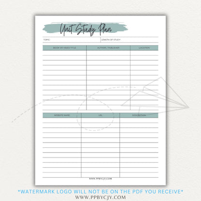 Unit Study Planner Printable PDF Template for homeschool and independent learning organization.

