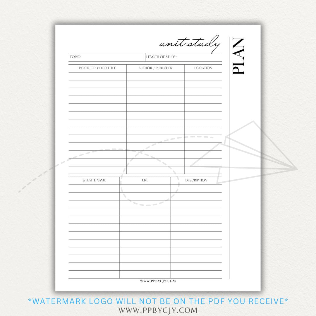 Unit Study Planner Printable PDF Template for homeschool and independent learning organization.

