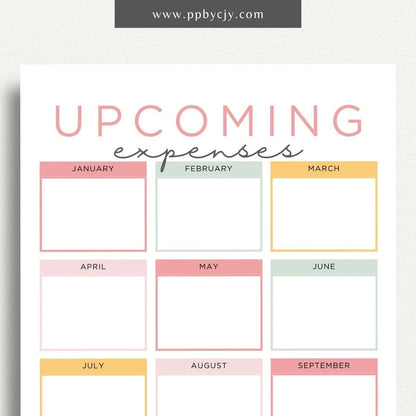 Upcoming Expense Tracker Printable Template – Digital download for planning and monitoring future expenses, including categories, amounts, and due dates