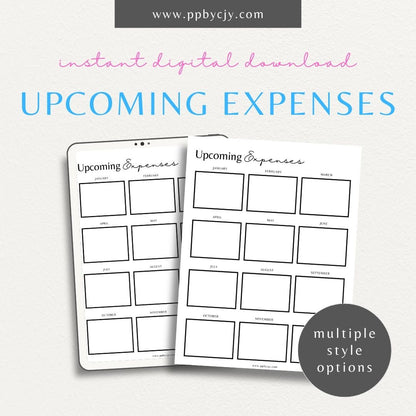 Upcoming Expense Tracker Printable Template – Digital download for planning and monitoring future expenses, including categories, amounts, and due dates