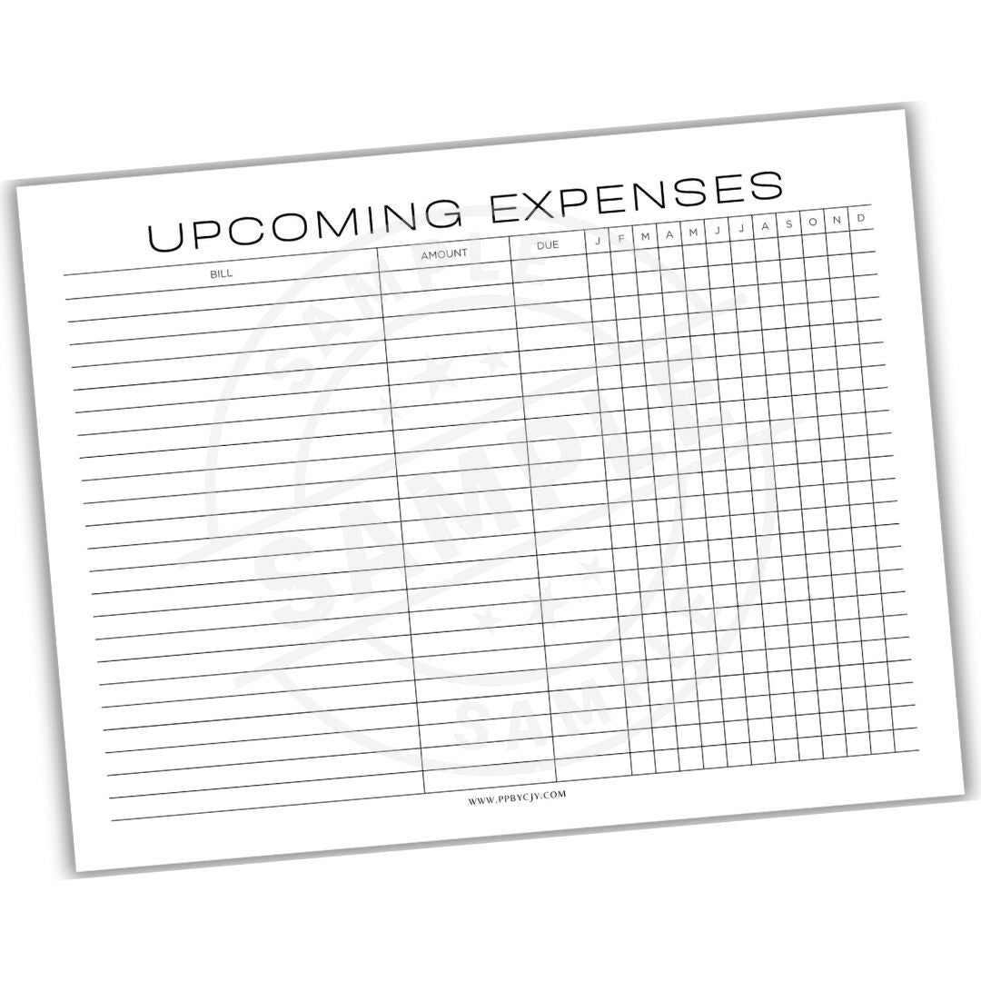 Sheet titled 'Upcoming Expenses' with columns for bill, amount, date, and name on a white background.