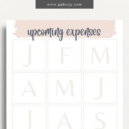 Graphic of printable upcoming expenses tracker template with budget categories and due dates.