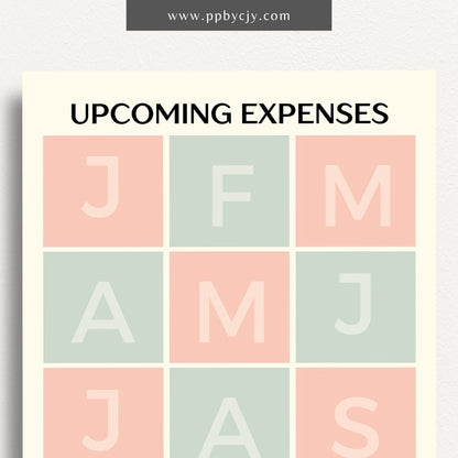 Graphic of printable upcoming expenses tracker template with budget categories and due dates.