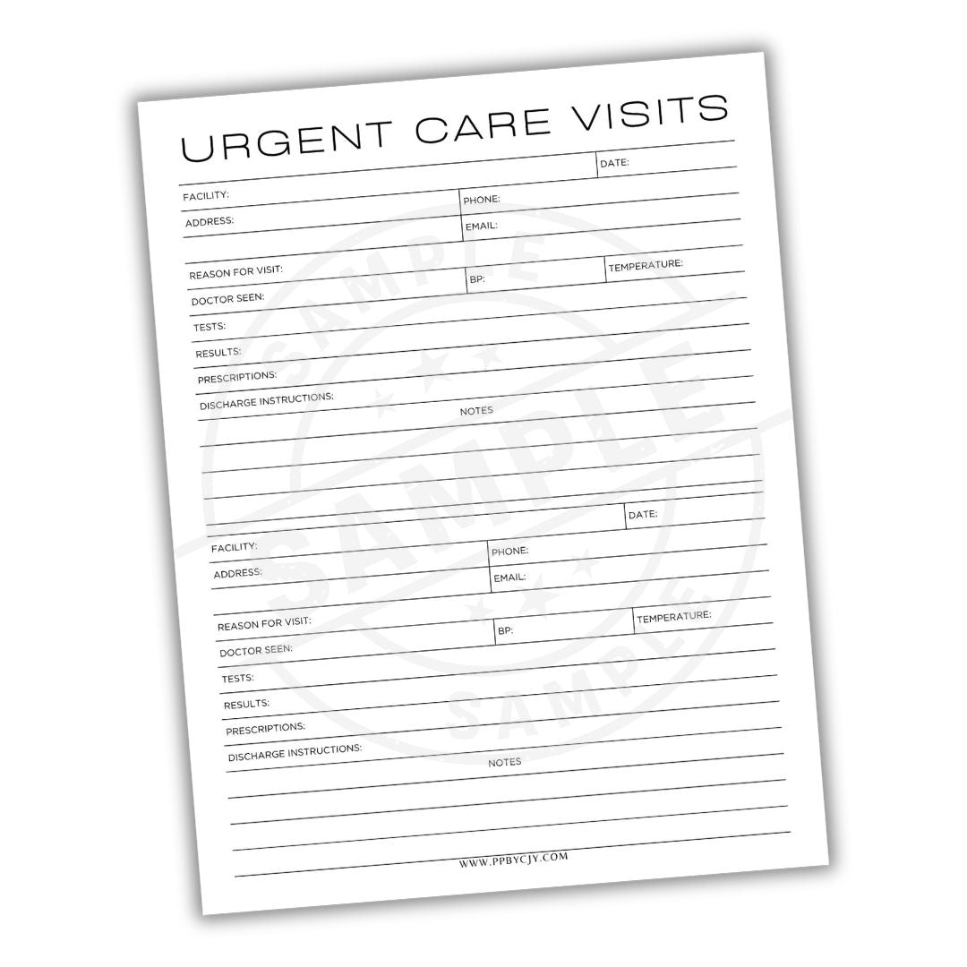 Sheet of paper titled 'Urgent Care Visits' with pre-printed lines for filling out details.