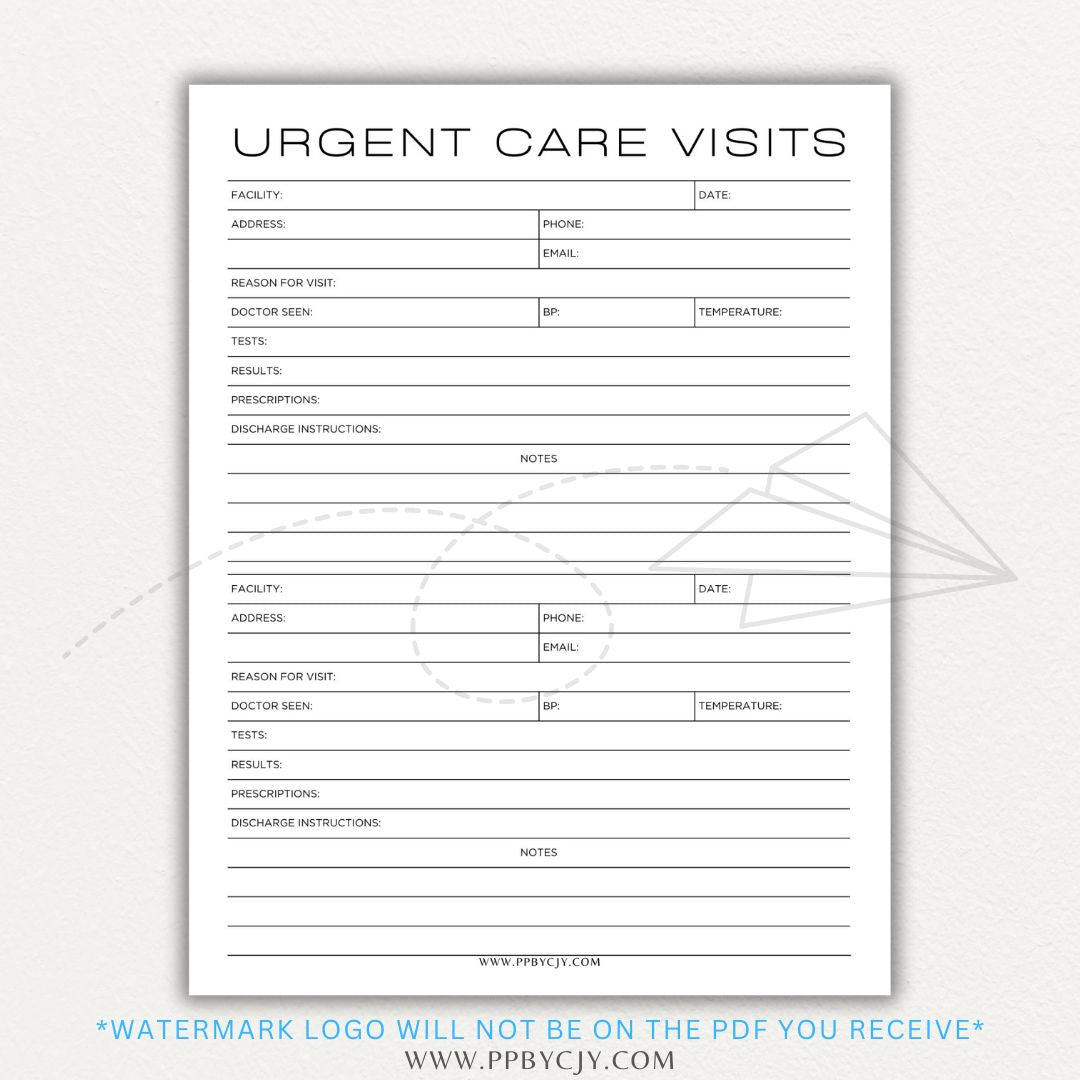 Urgent Care Visit Tracker Printable PDF Template for logging symptoms, diagnoses, treatments, and medications for medical history tracking.

