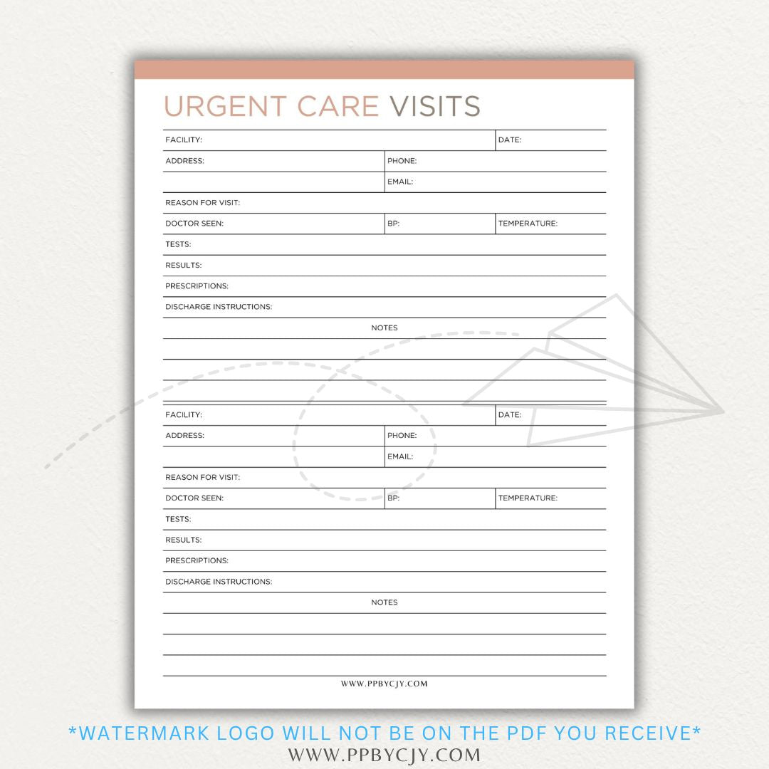 Urgent Care Visit Tracker Printable PDF Template for logging symptoms, diagnoses, treatments, and medications for medical history tracking.

