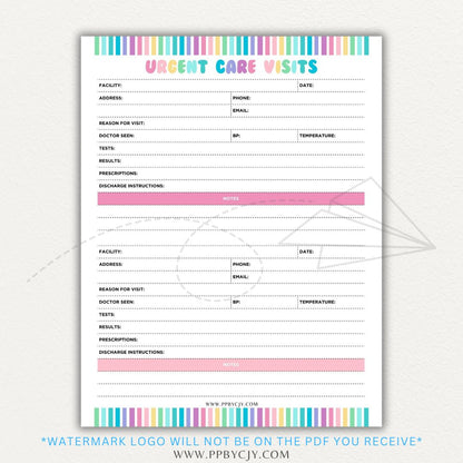 Urgent Care Visit Tracker Printable PDF Template for logging symptoms, diagnoses, treatments, and medications for medical history tracking.

