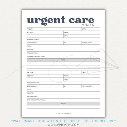 Urgent Care Visit Tracker Printable PDF Template for logging symptoms, diagnoses, treatments, and medications for medical history tracking.

