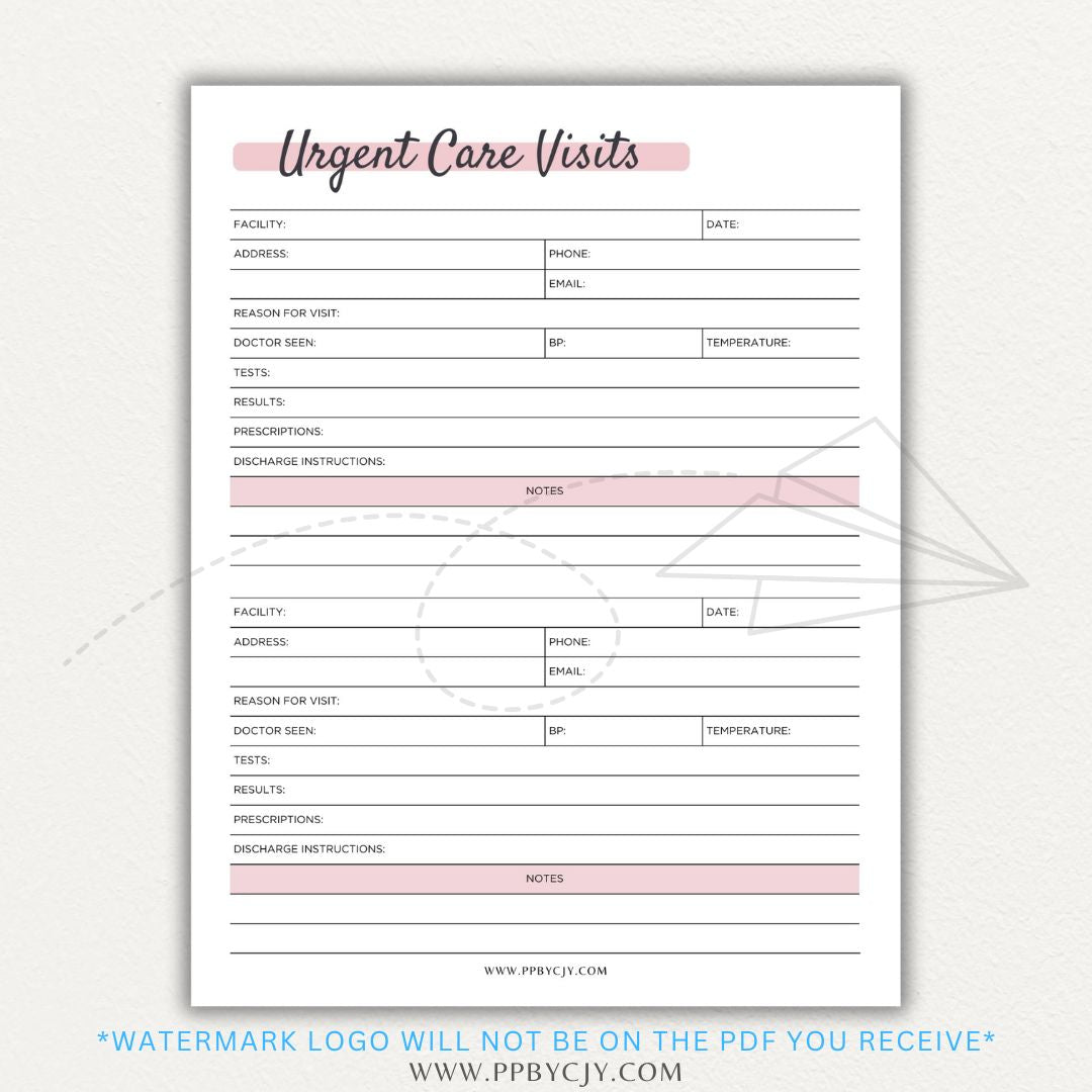 Urgent Care Visit Tracker Printable PDF Template for logging symptoms, diagnoses, treatments, and medications for medical history tracking.

