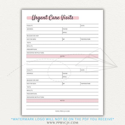 Urgent Care Visit Tracker Printable PDF Template for logging symptoms, diagnoses, treatments, and medications for medical history tracking.

