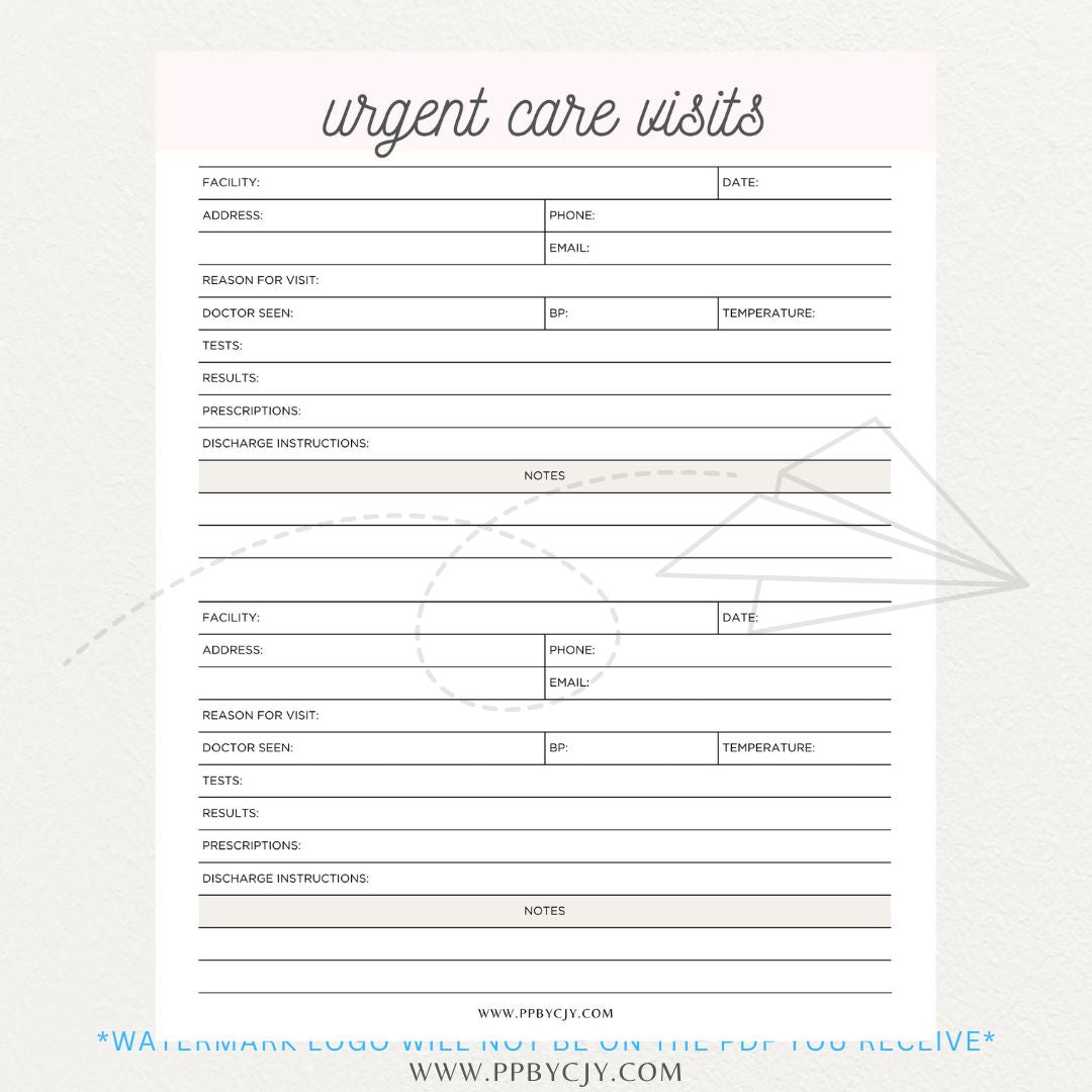 Urgent Care Visit Tracker Printable PDF Template for logging symptoms, diagnoses, treatments, and medications for medical history tracking.

