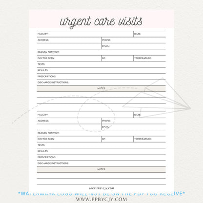 Urgent Care Visit Tracker Printable PDF Template for logging symptoms, diagnoses, treatments, and medications for medical history tracking.

