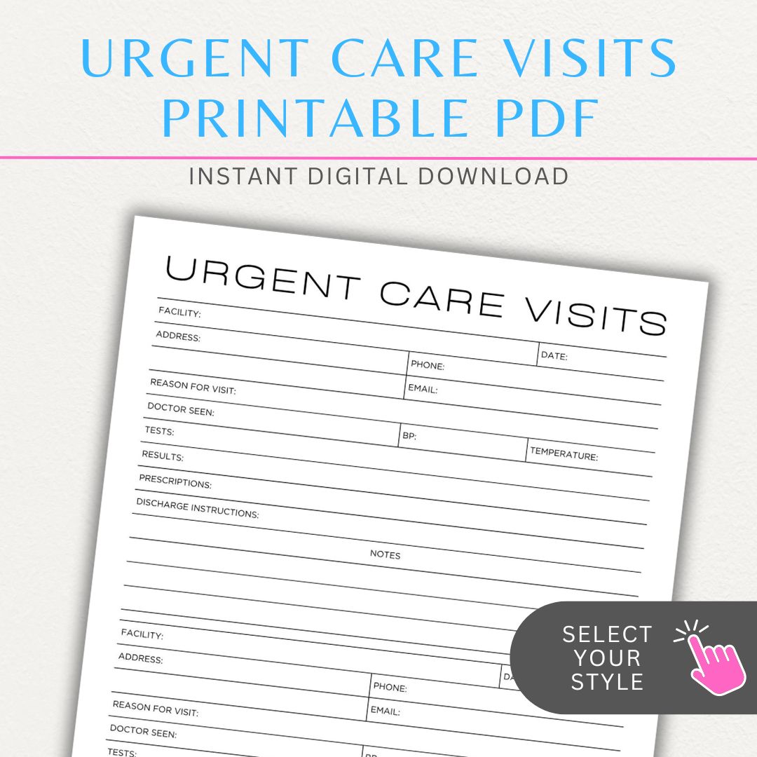 Urgent Care Visit Tracker Printable PDF Template for logging symptoms, diagnoses, treatments, and medications for medical history tracking.

