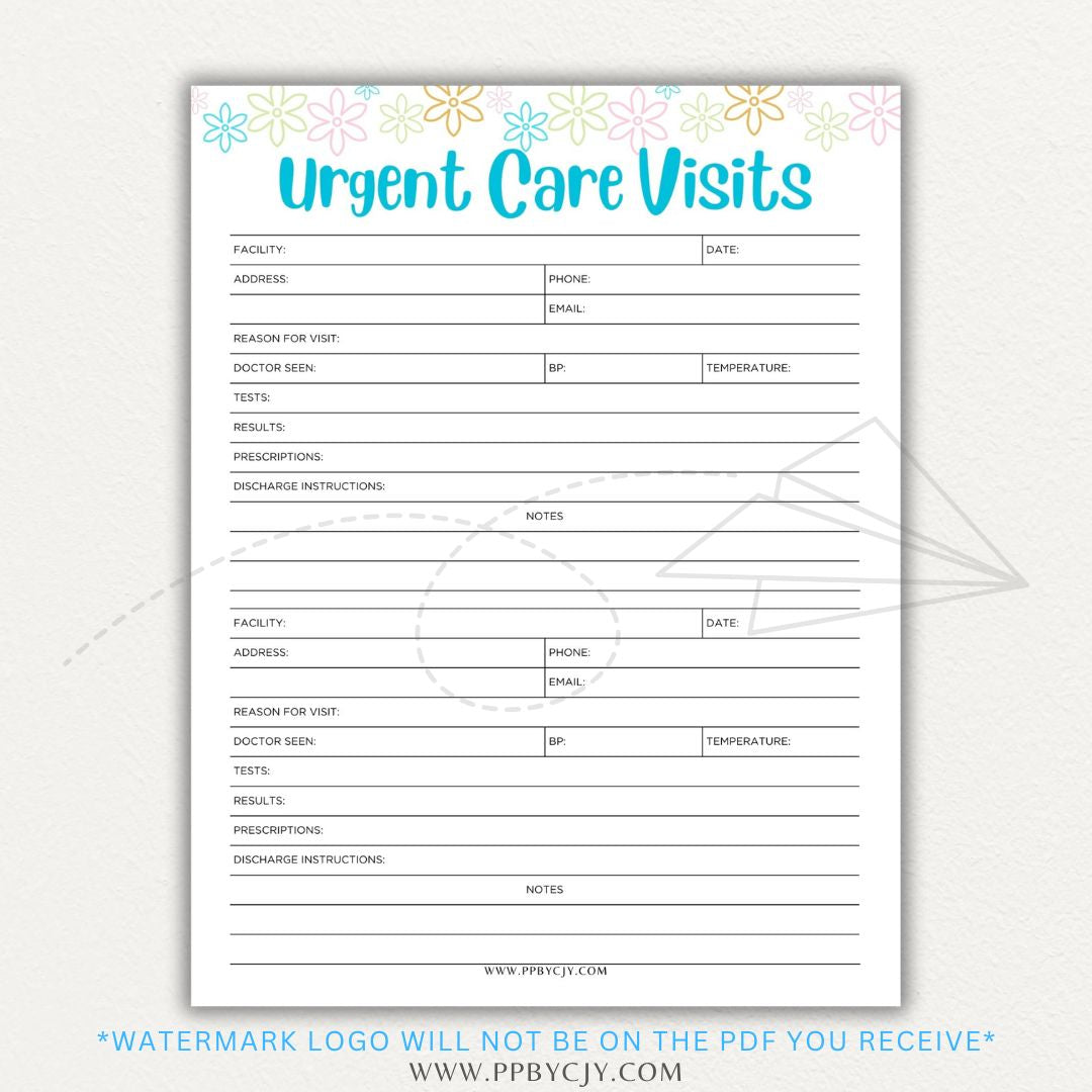 Urgent Care Visit Tracker Printable PDF Template for logging symptoms, diagnoses, treatments, and medications for medical history tracking.

