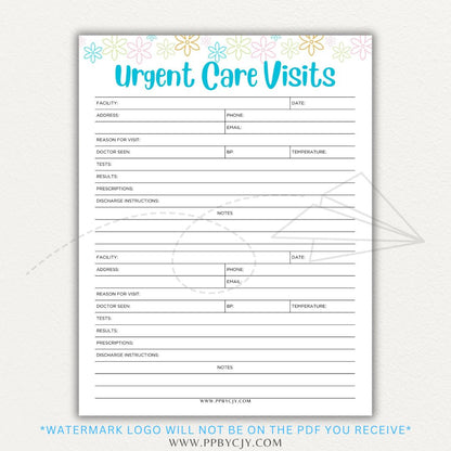 Urgent Care Visit Tracker Printable PDF Template for logging symptoms, diagnoses, treatments, and medications for medical history tracking.

