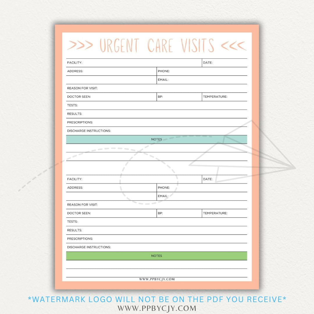 Urgent Care Visit Tracker Printable PDF Template for logging symptoms, diagnoses, treatments, and medications for medical history tracking.

