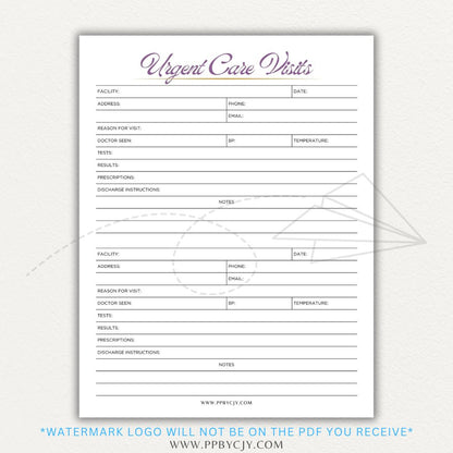 Urgent Care Visit Tracker Printable PDF Template for logging symptoms, diagnoses, treatments, and medications for medical history tracking.

